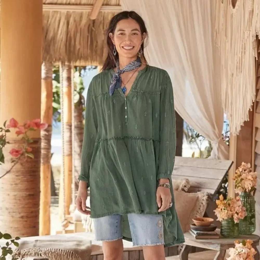 Sundance Willa Tunic Olive Green Embroidered Gauze Tiered High Low Top Large